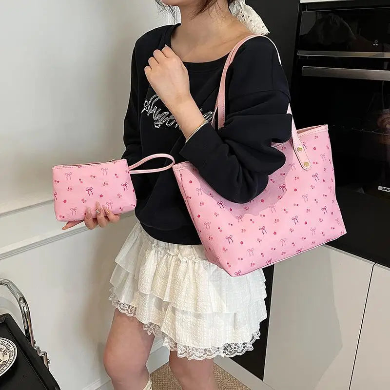 Women PU Floral Tote Bag Fashion Shoulder Bag Large Capacity Simple Tote Handbag Trendy Work Hobos Outdoor Travel Bag