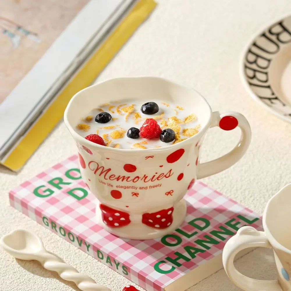 Bowtie Pink Coffee Cup Korean High Beauty Girl Heart Ceramic Mug with Spoon Girl School Home Breakfast Cup Drinkware