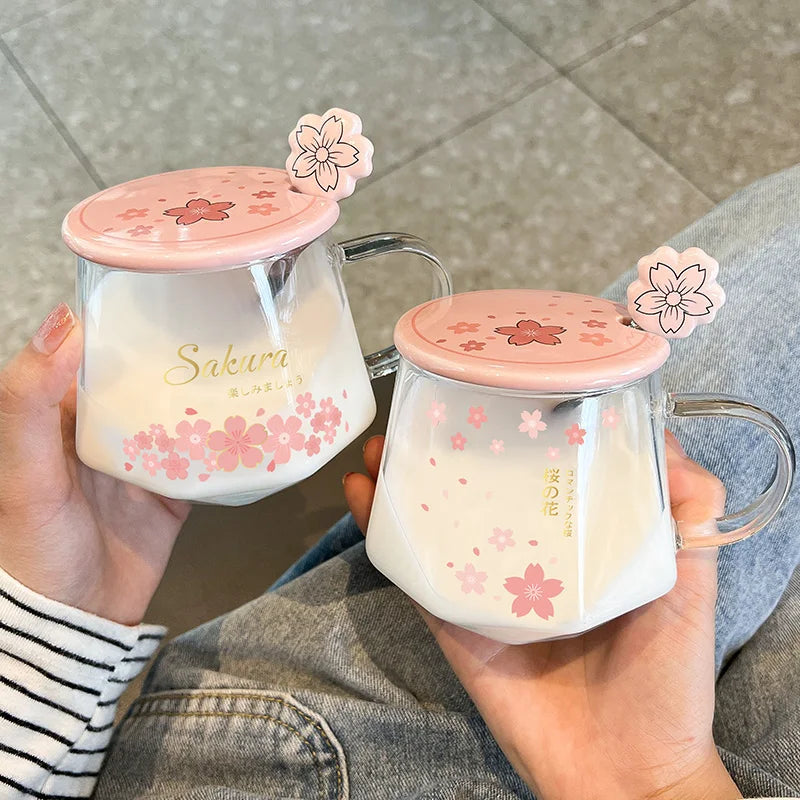 Sakura Glass Water Cup, Heat-resistant Tea Cups, High Aesthetic Mug, Spoon with Lid, Home Office Milk Coffee Mugs, Holiday Gift