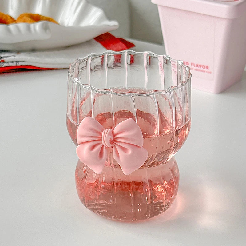 Cute Pink Bow Glass Water Cup - Cartoon Striped Coffee Mug
