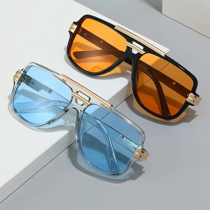 CATERSIDE Retro Big Frame Square Sunglasses Men Flat Top Double Bridge Pilot Punk Sun Glasses Women's Party Travel Eyewear UV400