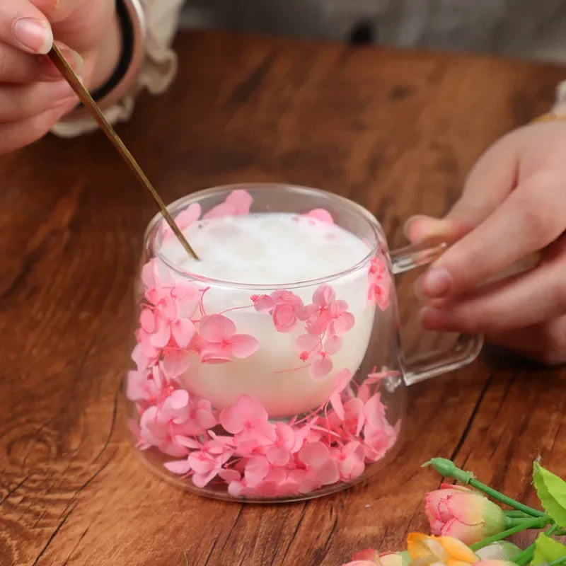 Double Wall Glass Cup 200ml Clear Flowers Pattern Milk Tea Coffee Mug with Handle Gifts Friends Home Water Cup Drinking Glasses
