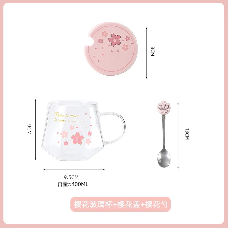 Sakura Glass Water Cup, Heat-resistant Tea Cups, High Aesthetic Mug, Spoon with Lid, Home Office Milk Coffee Mugs, Holiday Gift