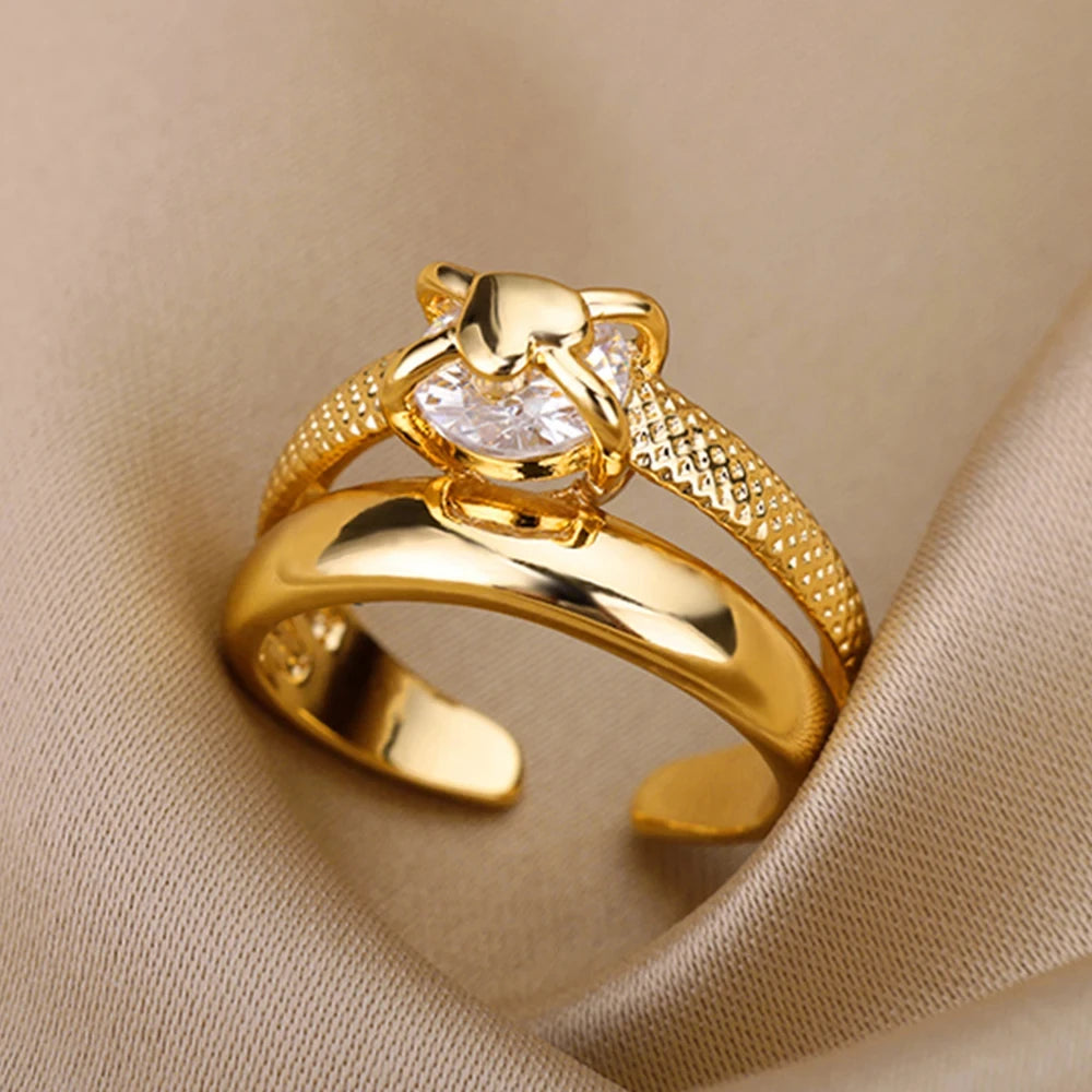 Stainless Steel Zircon Ring - Adjustable Evil Eye Geometric Design