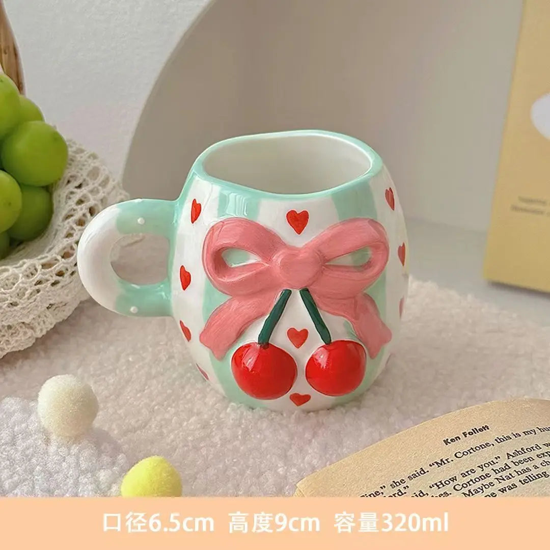 Bowtie Pink Coffee Cup Korean High Beauty Girl Heart Ceramic Mug with Spoon Girl School Home Breakfast Cup Drinkware