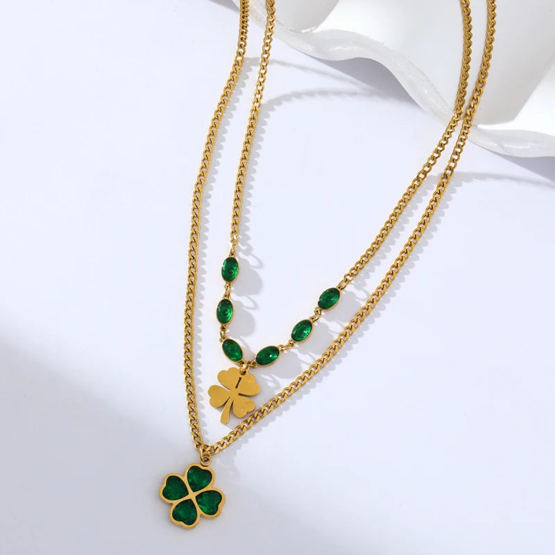 316L Stainless Steel Green Crystal Clover Jewelry Set - Waterproof