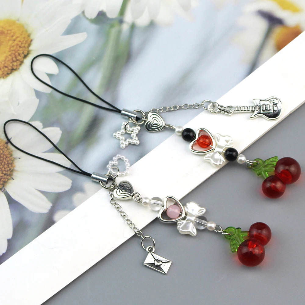 Red Cherry Fruit Bag Charm Keychain - Elegant 3-Color Key Ring for Women