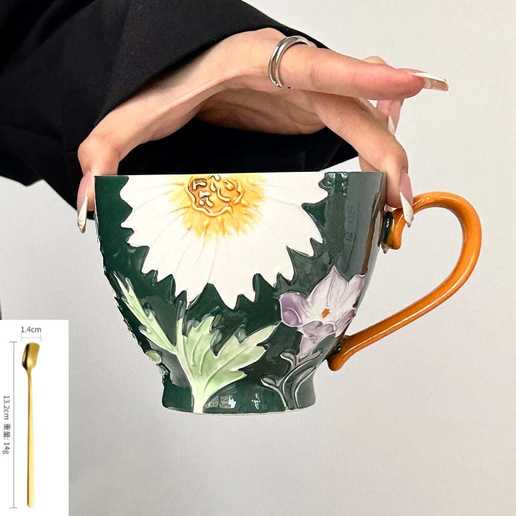 High Aesthetic Relief Flower Ceramic Mug with Spoon, Hand-painted Large Capacity Milk Coffee Mug, Office Tea Cup, Birthday Gift