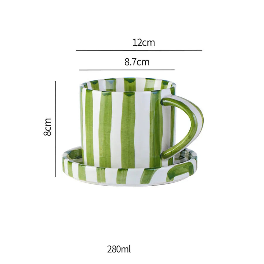Minimalist Striped Ceramic Cup & Plate Set - 280ml Coffee Tea Set