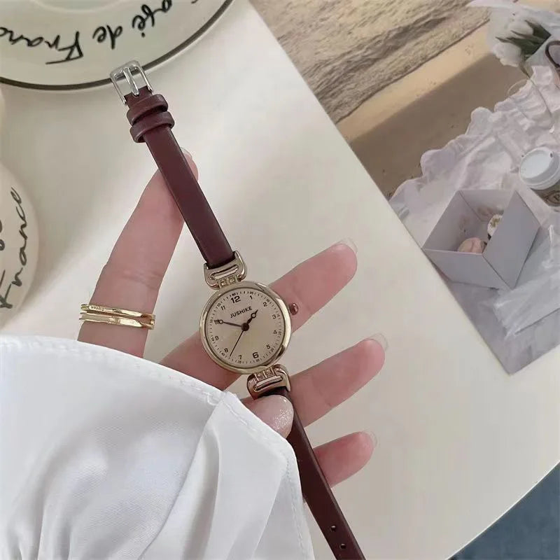 Simple Women's Bracelet Watch - Small Round PU Leather Retro