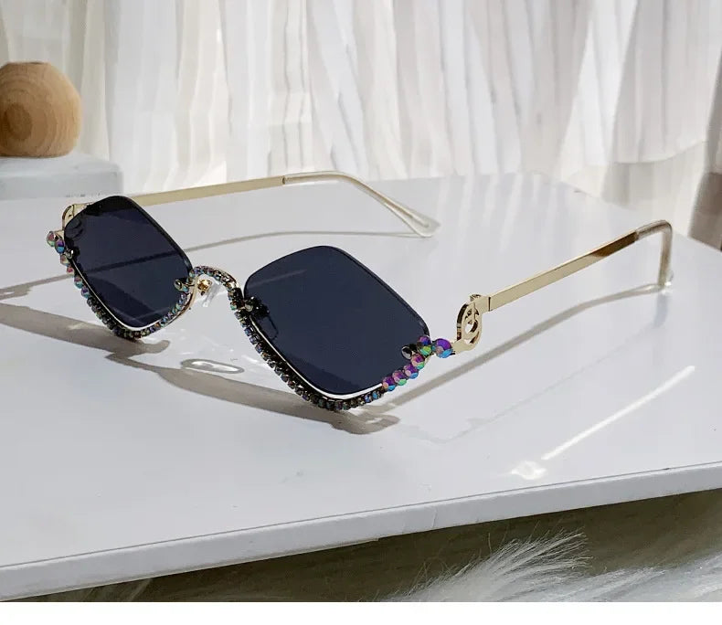 Diamond Vintage Brand Designer rhombus Sunglasses Women For Female Luxury Sun Glasses Punk Popular Half Frame Rhinestone Eyewear