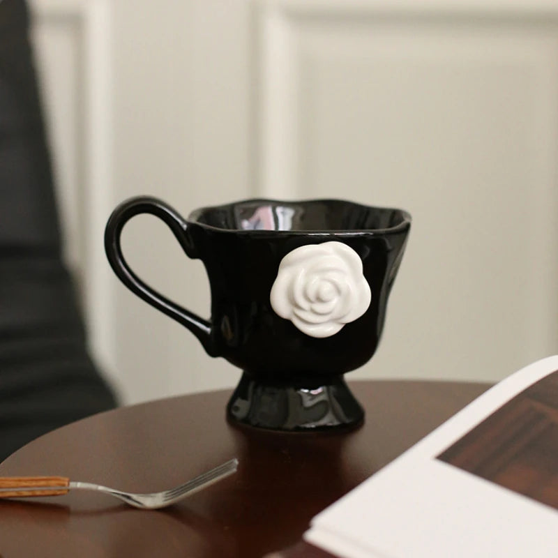 Camellia Embossed French Household Creative Breakfast Milk Cup, Ceramic Mug, Office Coffee Cup, Retro Mugs with Handle