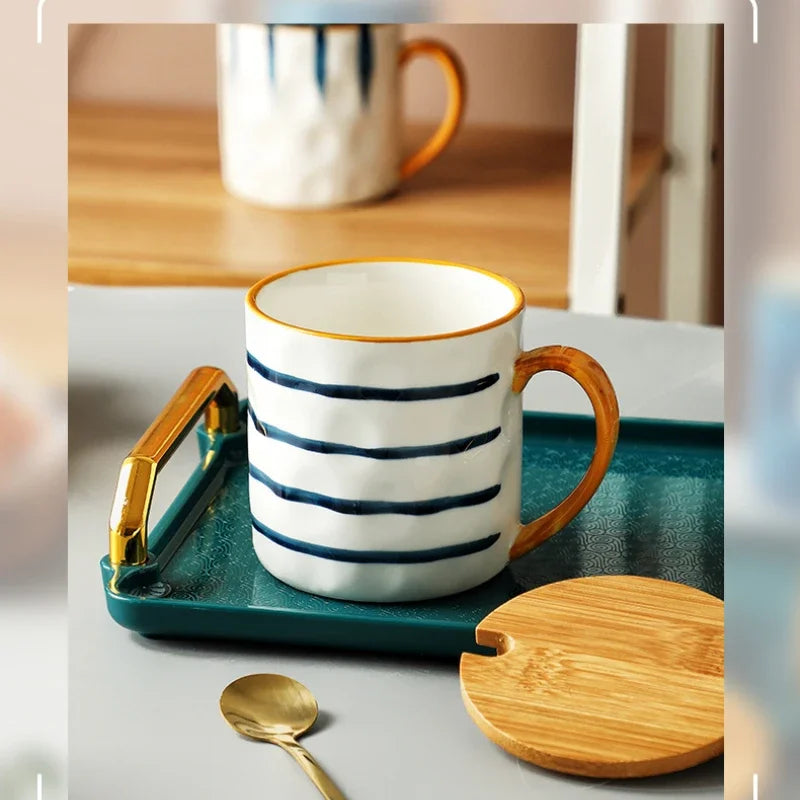 Japanese Hand-Painted Ceramic Mug with Lid & Spoon - Office Coffee Cup