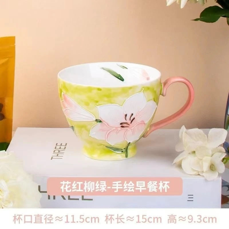 High Aesthetic Relief Flower Ceramic Mug with Spoon, Hand-painted Large Capacity Milk Coffee Mug, Office Tea Cup, Birthday Gift
