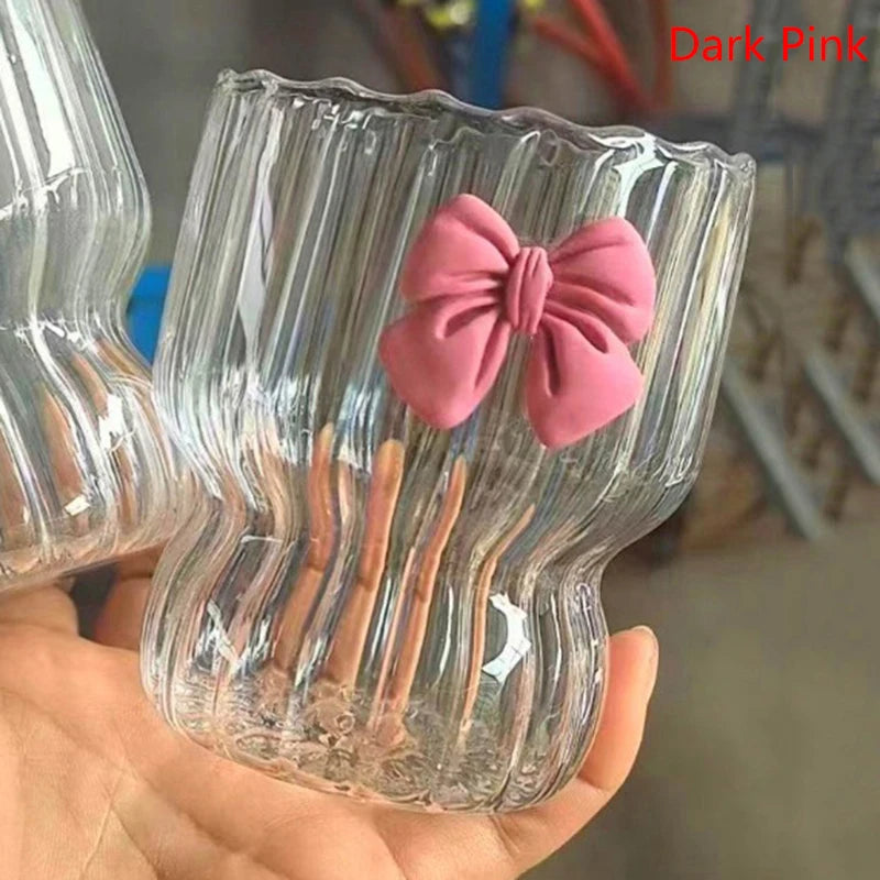 Cute Pink Bow Glass Water Cup - Cartoon Striped Coffee Mug