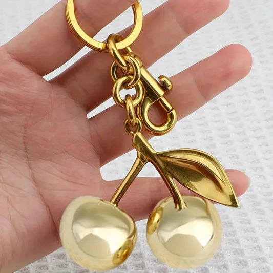 Golden Cherry Keychain Charm - Shiny Resin & Metal Bag Accessory, Elegant Gift for Women, Purse or Handbag Decoration