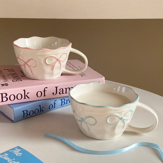 1Pc Bow Ceramic Mug, Exquisite and Simple Bow Large Capacity Couple Cup, Suitable for Home Decoration, Home Drinking Water, Candlelight Dinner, Coffee Latte Flower Cup, Holiday Gift, Exquisite Gift