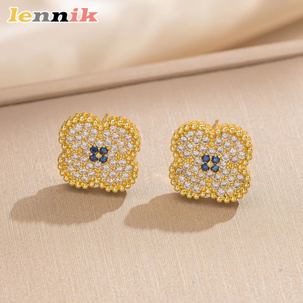 LENNIK Premium Lucky Clover Luxury Full Zircon Micro Pave Earrings Necklace Ring Set, Versatile for Daily/Party, Perfect Gift