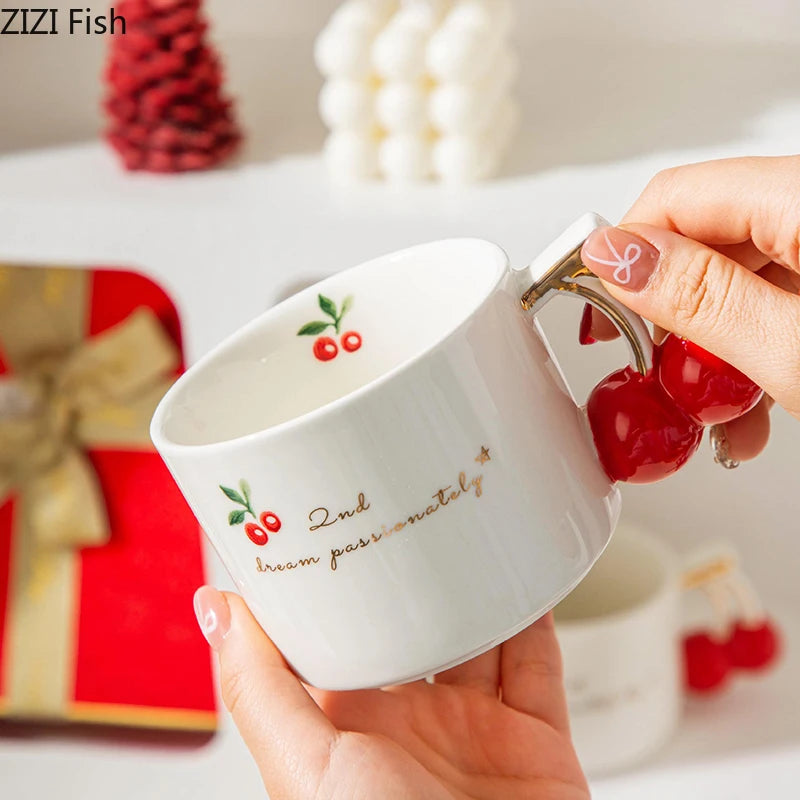 Cherry Printed Pattern Mugs Gilding Edge Porcelain Cup Tableware Coffee Mug Dining Table Afternoon Tea Teacup Fruits Juice Cup