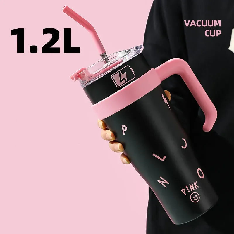 LUSQI 1200ml Water Bottle Stainless Steel With Handle&Straw Thermos Bottle For Coffee Tea