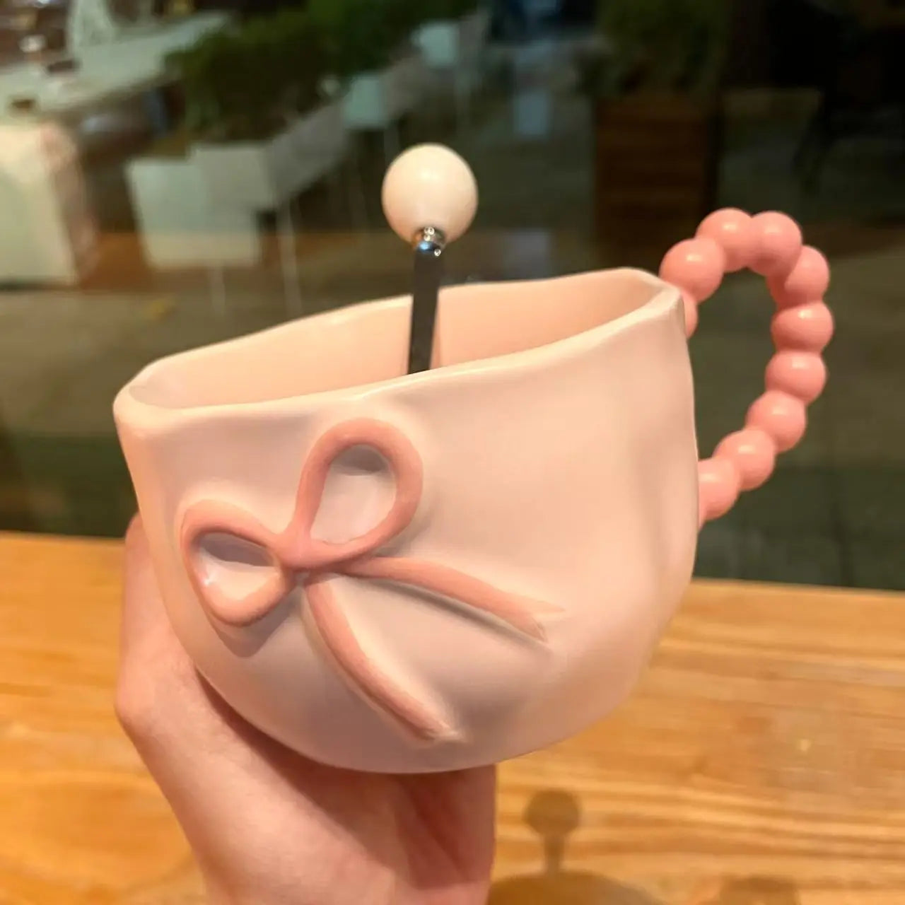 Bowtie Pink Coffee Cup Korean High Beauty Girl Heart Ceramic Mug with Spoon Girl School Home Breakfast Cup Drinkware
