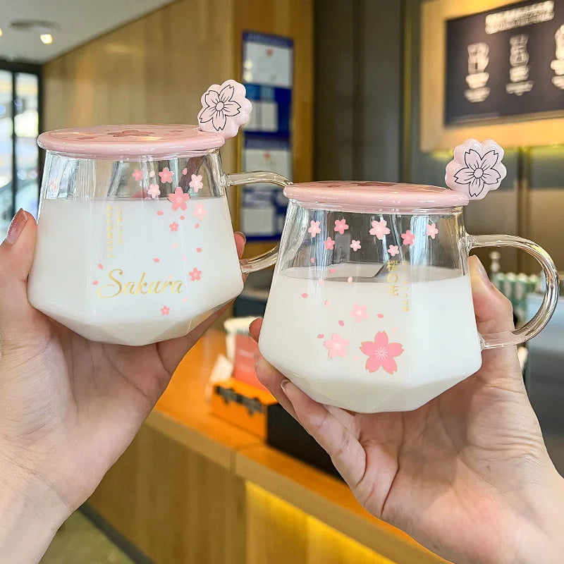 Sakura Glass Water Cup, Heat-resistant Tea Cups, High Aesthetic Mug, Spoon with Lid, Home Office Milk Coffee Mugs, Holiday Gift