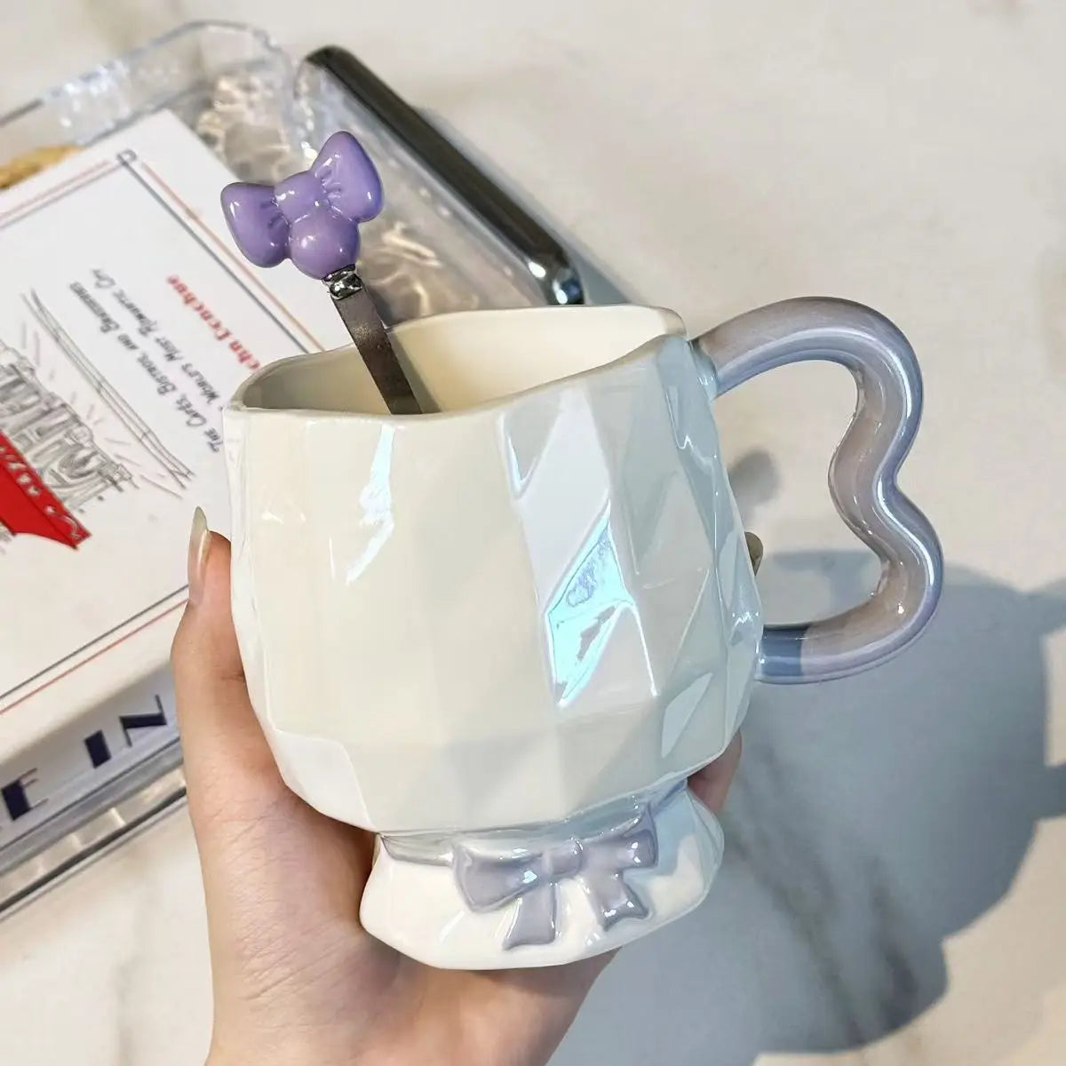 Bowtie Pink Coffee Cup Korean High Beauty Girl Heart Ceramic Mug with Spoon Girl School Home Breakfast Cup Drinkware