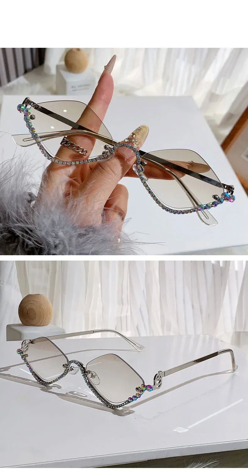 Diamond Vintage Brand Designer rhombus Sunglasses Women For Female Luxury Sun Glasses Punk Popular Half Frame Rhinestone Eyewear