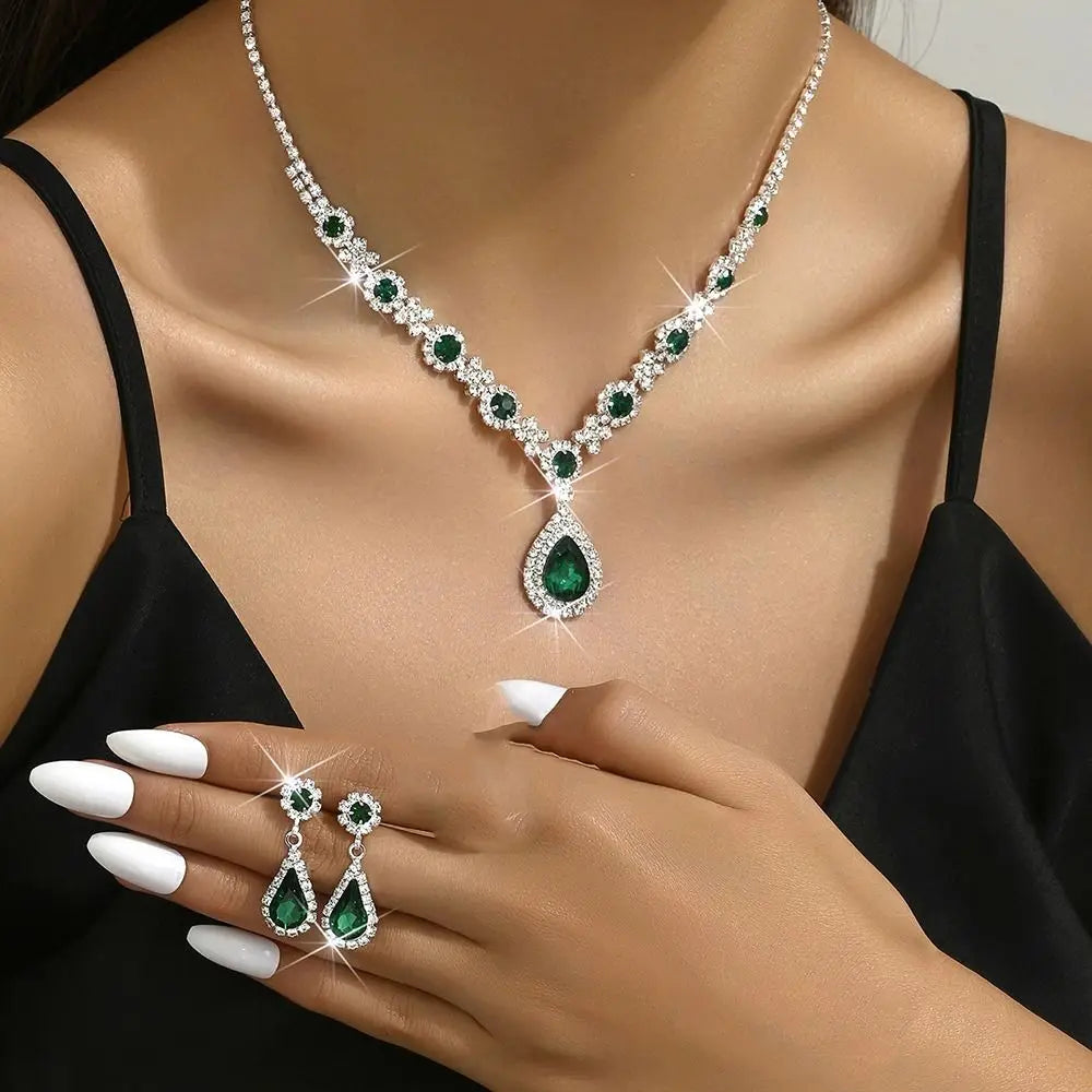 Crystal Jewelry Set - Water Drop Pendant Necklace & Earrings with Zircon