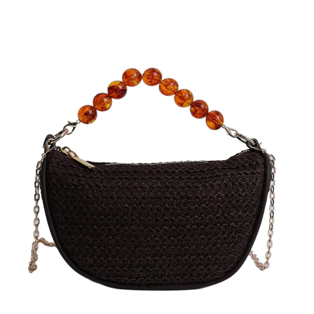 Leisure Large Capacity Grass Weave Handbag Fashion Beads Handle Straw Bag Simple Vacation Style Metal Chain Crossbody Bag Girls
