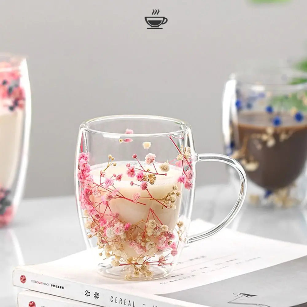 Double Wall Glass Mug with Dried Flowers - 350ml Decorative Coffee Cup