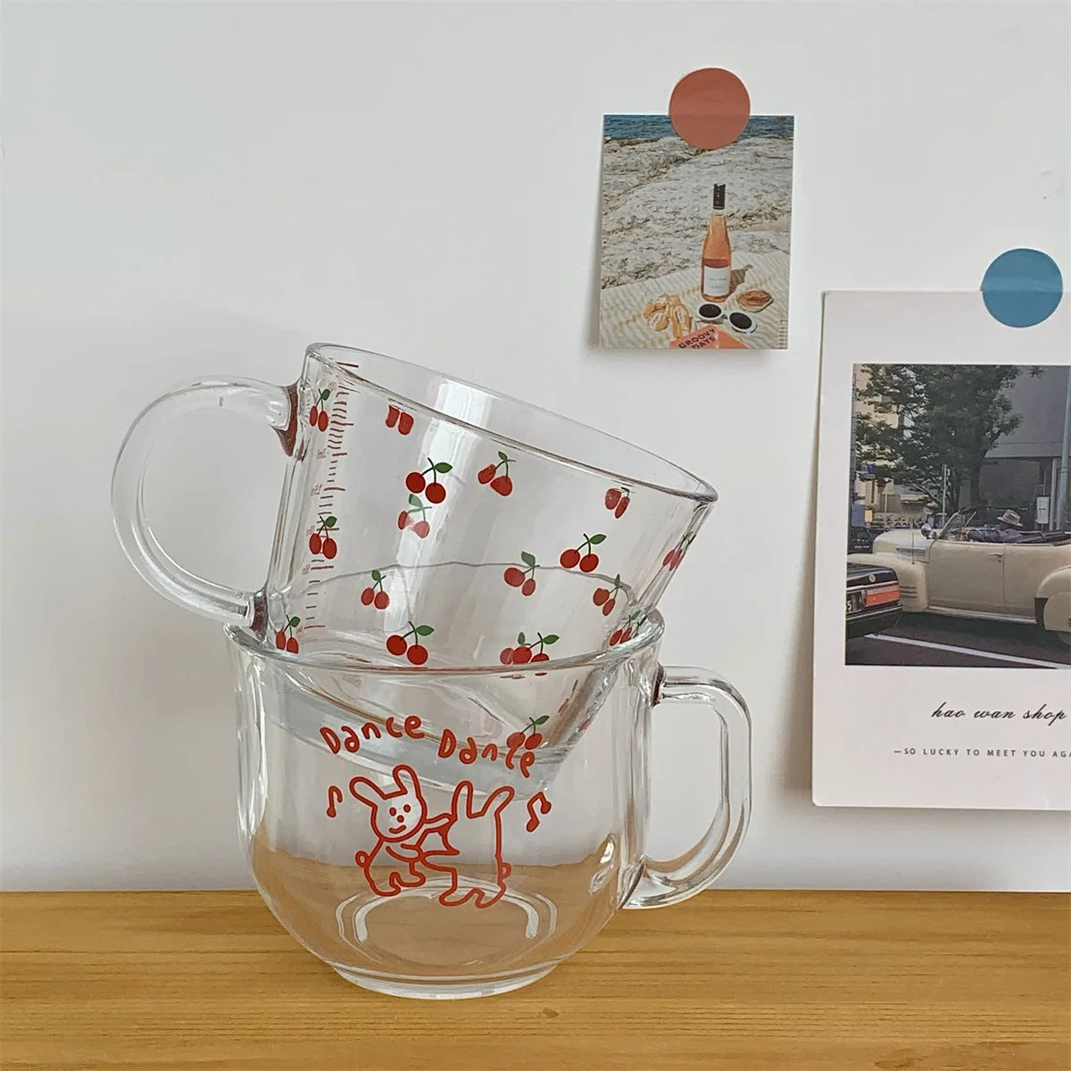 Printed Transparent Creative Glass Coffee Tea Drinks Dessert Breakfast Milk Cup Glass Mugs Handle Drinkware