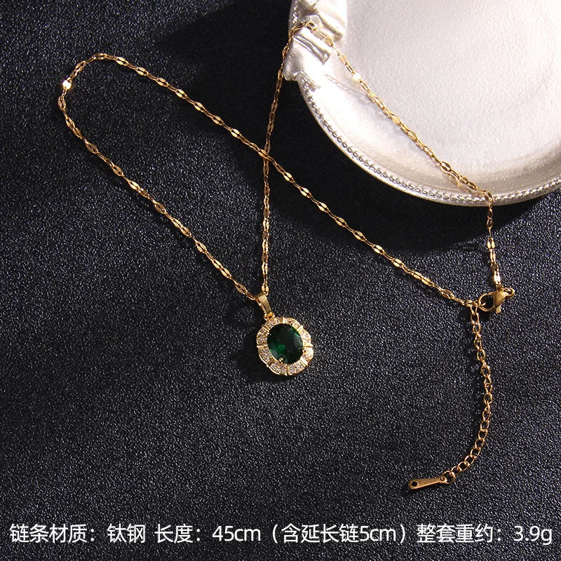 Luxury Vintage Green Zircon Pendant Necklaces for Women Lady Stainless Steel Chain Elegant Collar Accessories Jewelry Gifts