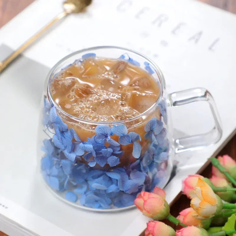 Double Wall Glass Cup 200ml Clear Flowers Pattern Milk Tea Coffee Mug with Handle Gifts Friends Home Water Cup Drinking Glasses