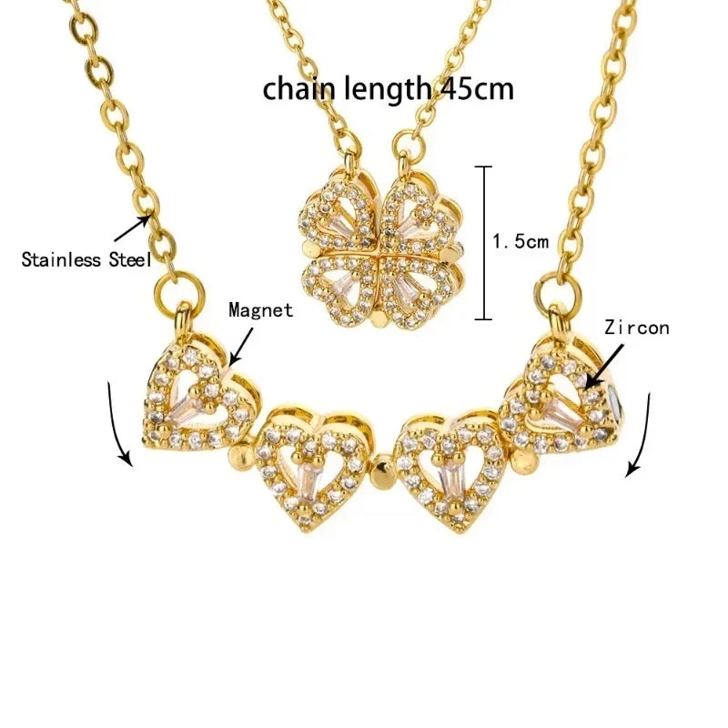Retro Magnetic Folding Heart Shaped Four Leaf Clover Pendant Necklace for Women Love Clavicle Chain Gift Openable Choker Jewelry