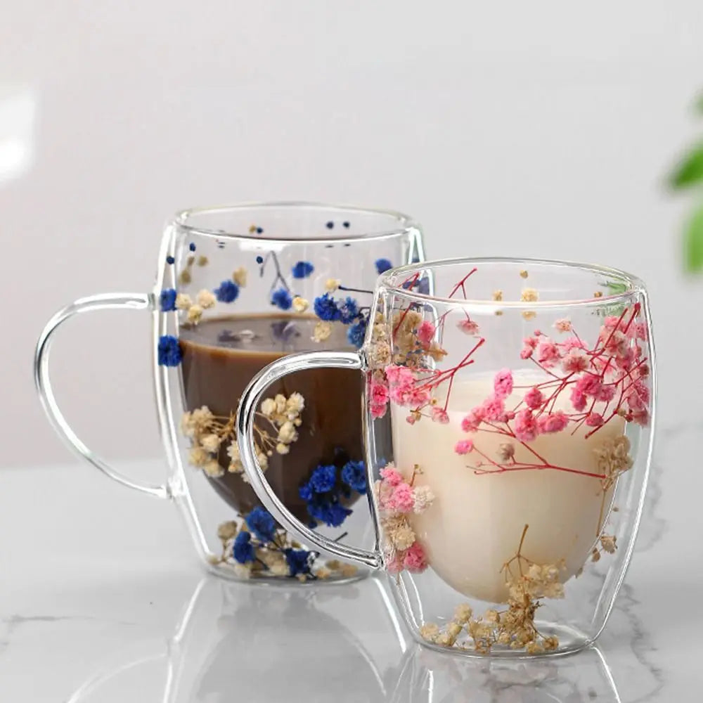 Double Wall Glass Mug with Dried Flowers - 350ml Decorative Coffee Cup
