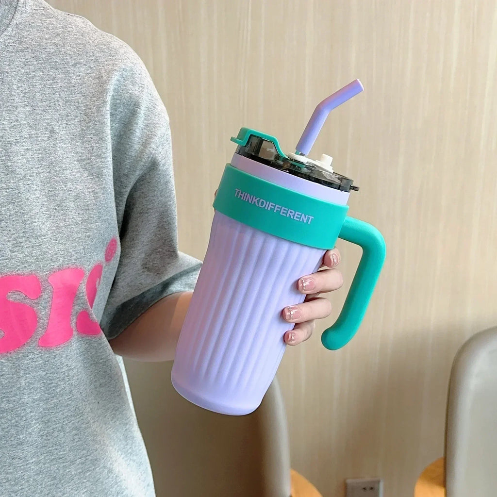 860ml Large Outdoor Thermal Tumbler with Straw - Car Cup Holder Size