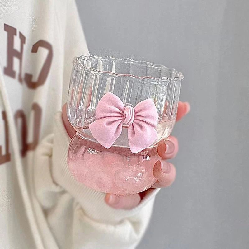 Cute Pink Bow Glass Water Cup - Cartoon Striped Coffee Mug