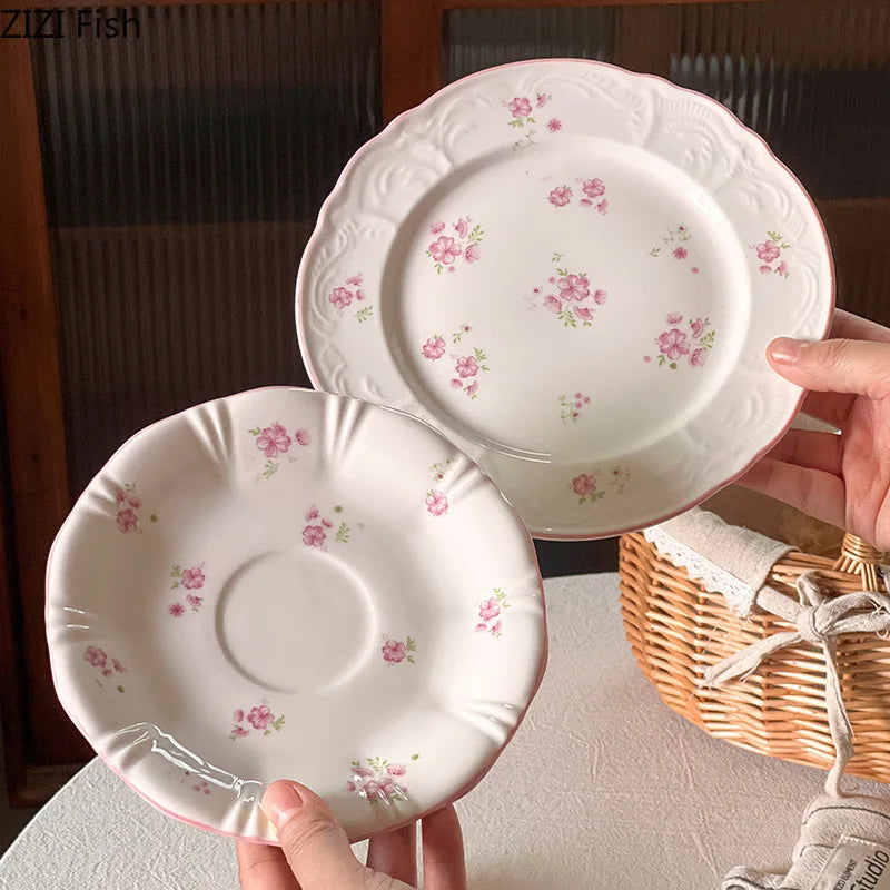 Lovely Pink Cherry Blossoms Mugs Porcelain Cup&saucer Tableware Coffee Mug Dining Table Afternoon Tea Teacup Fruits Juice Cup