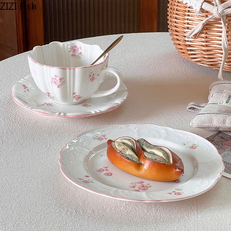 Lovely Pink Cherry Blossoms Mugs Porcelain Cup&saucer Tableware Coffee Mug Dining Table Afternoon Tea Teacup Fruits Juice Cup
