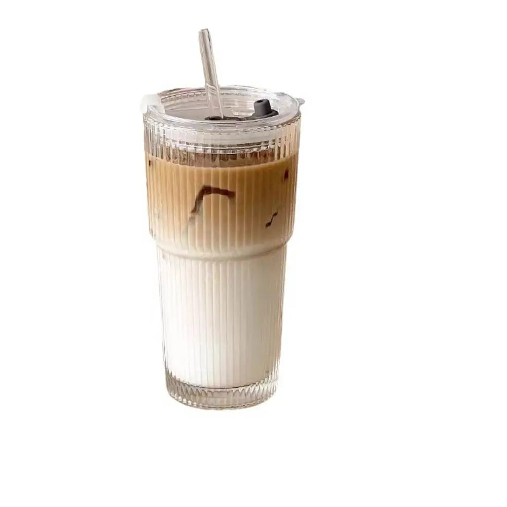 600ml Vertical Striped Glass Coffee Mug with Lid and Straw, Transparent Tea Mug for Americano, Cappuccino, Tea and Drinks