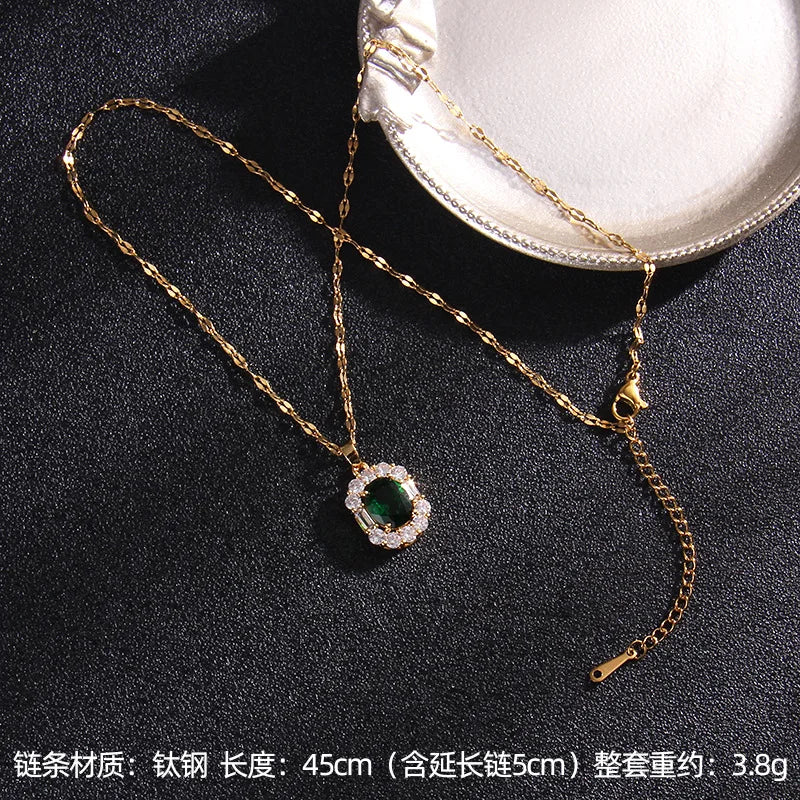 Luxury Vintage Green Zircon Pendant Necklaces for Women Lady Stainless Steel Chain Elegant Collar Accessories Jewelry Gifts