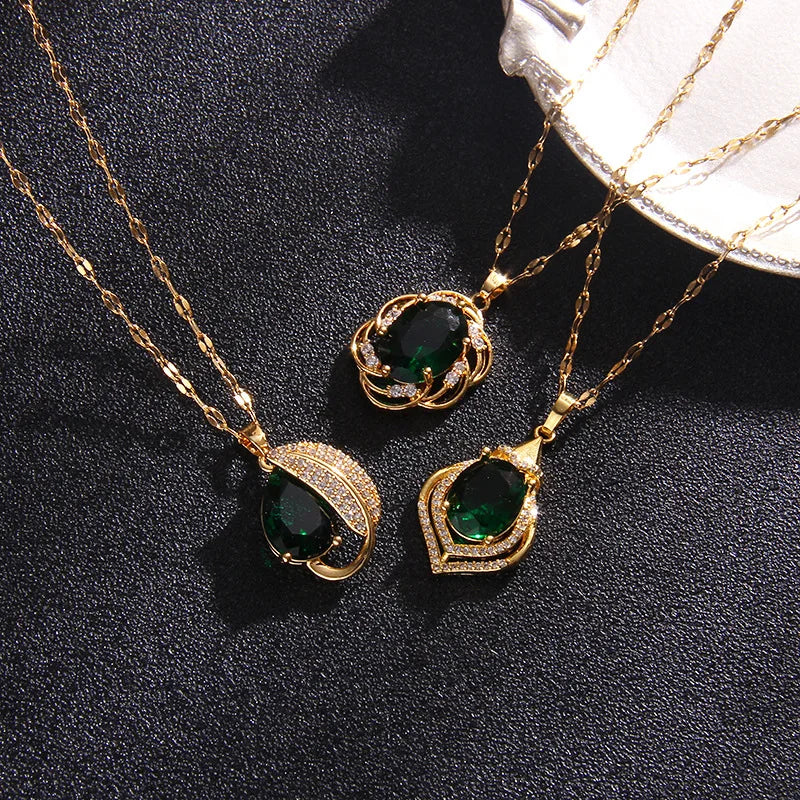 Luxury Vintage Green Zircon Pendant Necklaces for Women Lady Stainless Steel Chain Elegant Collar Accessories Jewelry Gifts