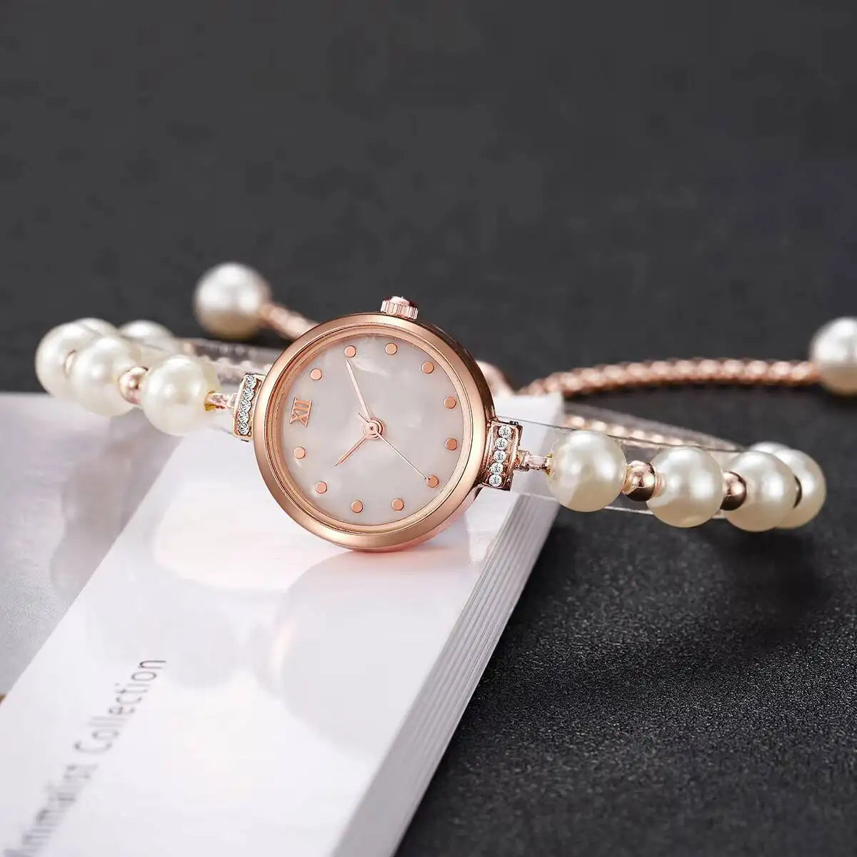 Fashion Women Watches Elegant Pearl Bracelet Band Quartz Wristwatch For Ladies Clock Reloj Mujer（Without Box）