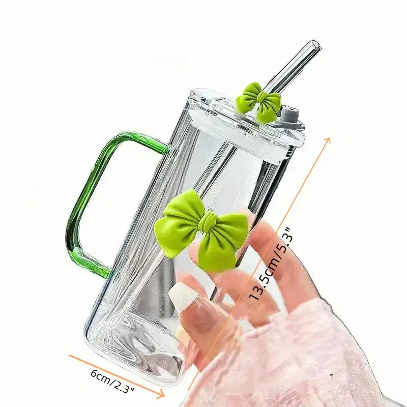 Cartoon Bow Glass Cute Striped Cup; Doodle Design, Suitable for Fruit Teas, Lemonade, Coffee Lover Girls Gift