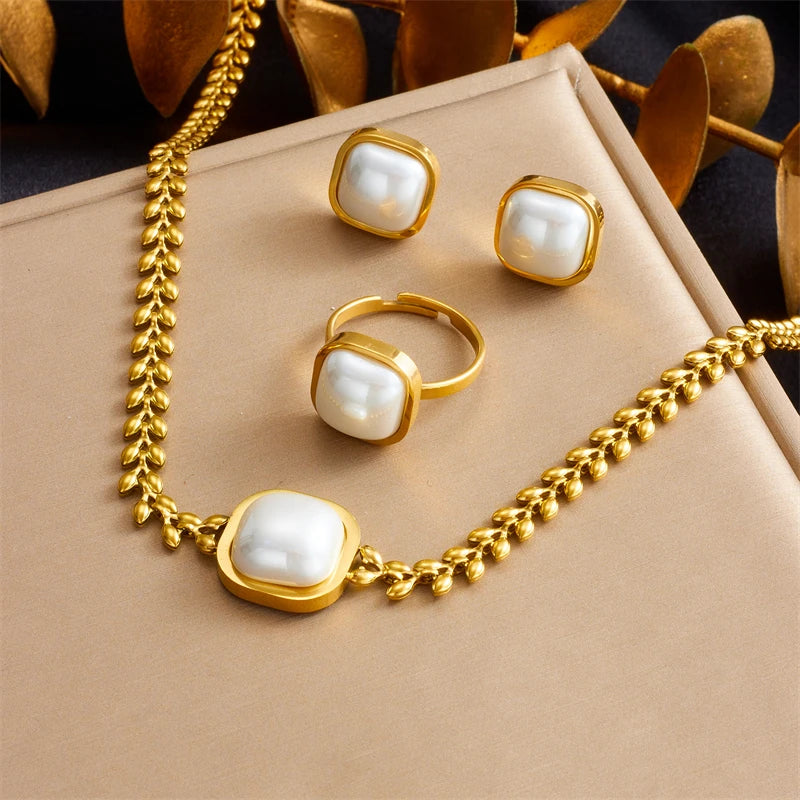 DIEYURO 316L Stainless Steel Square Large Pearl Necklace Earrings Ring For Women Girl New Party Gift Fashion Jewelry Set Bijoux