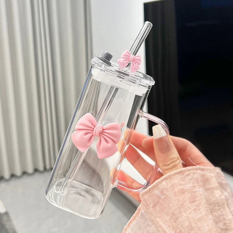 Cartoon Bow Glass Cute Striped Cup; Doodle Design, Suitable for Fruit Teas, Lemonade, Coffee Lover Girls Gift