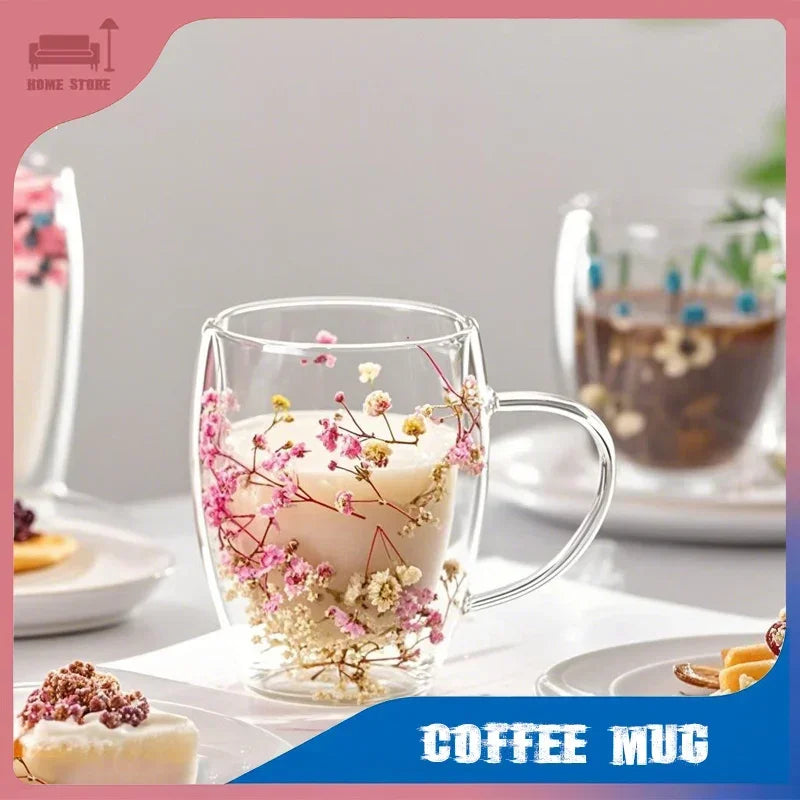 Double Wall Glass Coffee Cup 350ml - Heat Resistant with Dried Flowers