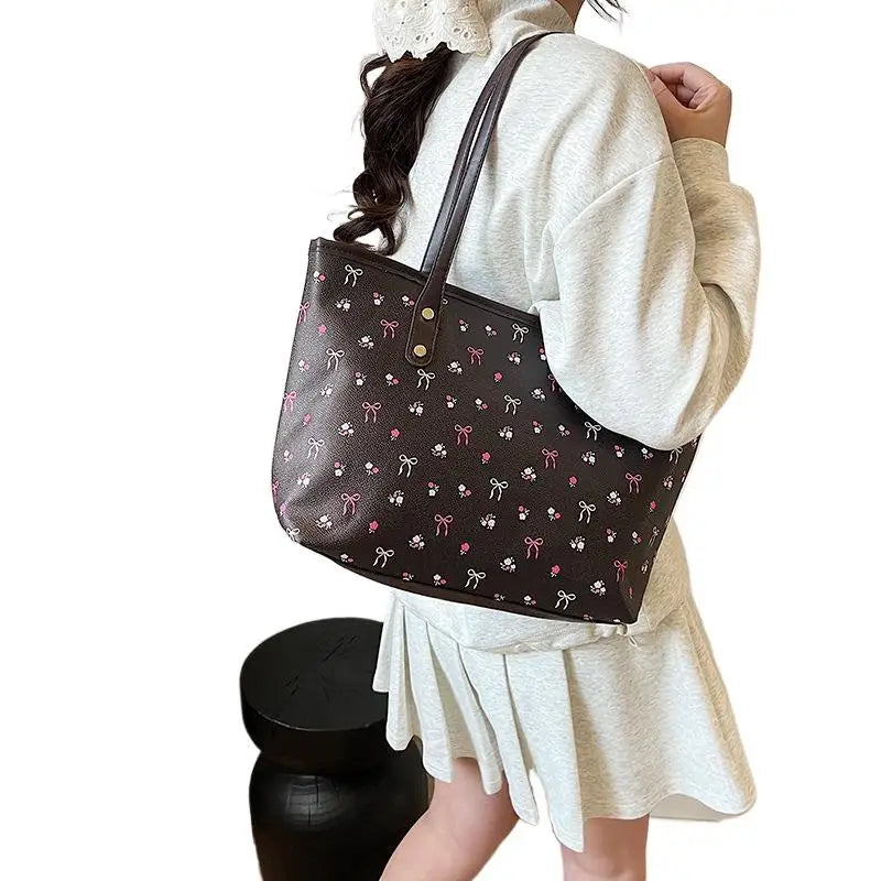 Women PU Floral Tote Bag Fashion Shoulder Bag Large Capacity Simple Tote Handbag Trendy Work Hobos Outdoor Travel Bag