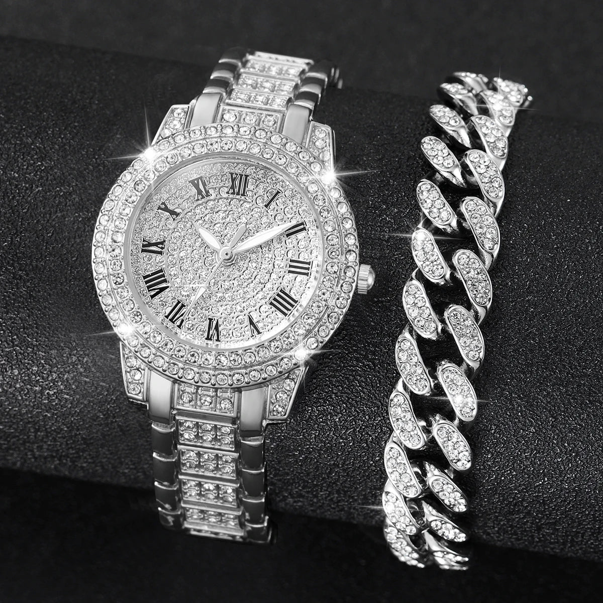 2PCS Women's Watch Fashion Diamond Gold Watch Ladies Wrist Watches Luxury Rhinestone Womens Bracelet Watches Relogio Feminino